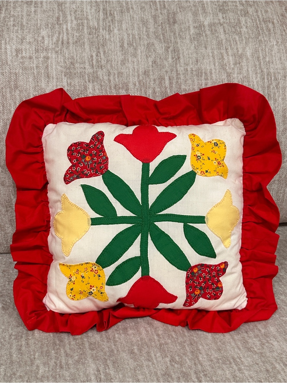 Handmade Vintage Stitched Quilted Red Yellow Tulip Pillow Cottagecore 70s